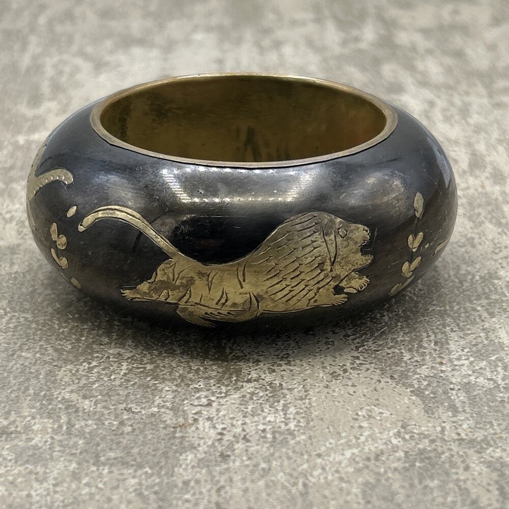 Vtg Brass And Luster Animal Bangle Statement Piece Elephant, Lion